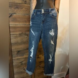 Indigo Rein Dark Blue Distressed Boyfriend Jeans